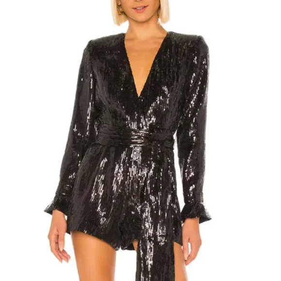 Retrofete Katherine Black Sequin Tie Waist Plunge Long Sleeve Romper
